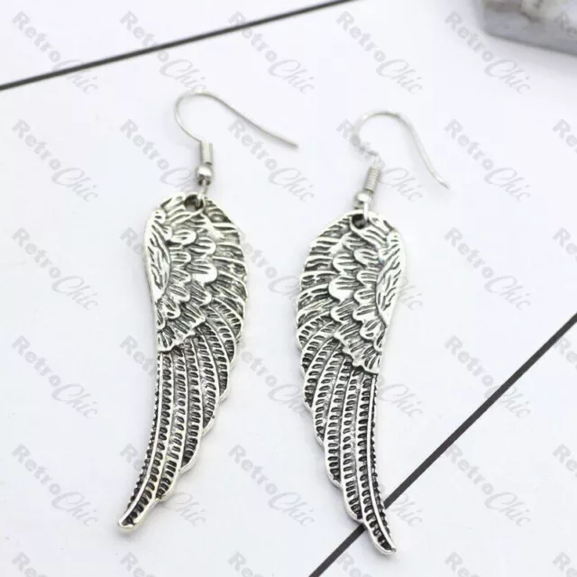 ANGEL WING double sided metal drops EARRINGS art deco style VINTAGE SILVER TONE 3