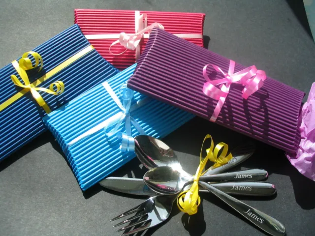 Set regalo coltello per posate, forchetta e cucchiaio per bambini acciaio inox 4 pezzi incisi