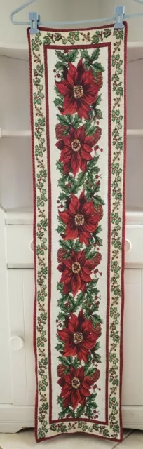 Poinsettia Holly Tapestry Table Runner Red Green White Christmas Holiday Decor