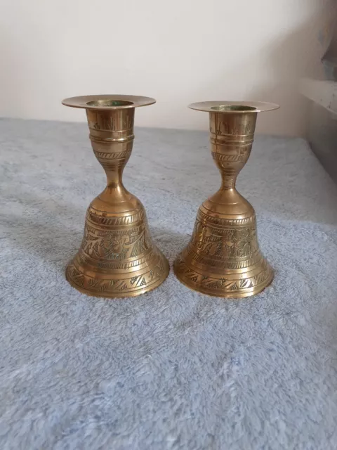 Vintage Pair of Etched Brass Bell Candlesticks of India very beautiful items ⭐⭐ 2