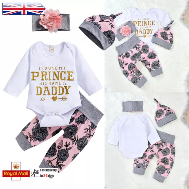 Newborn Baby Girls Outfit Floral Romper Tops Pants Headband Hat Clothes Set