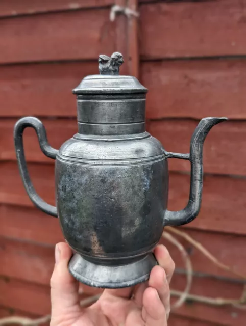 Chinese Antique Pewter Coffee Pot or Lidded Jug -Chinese Character Marks on Base
