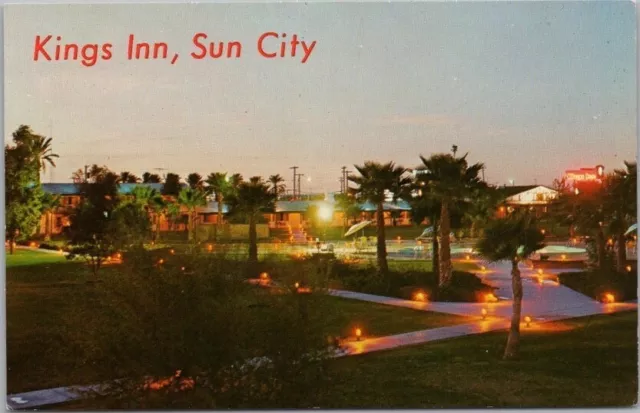 Vintage 1960s SUN CITY, Arizona Postcard "DEL WEBB'S KINGS INN" Sunset Scene