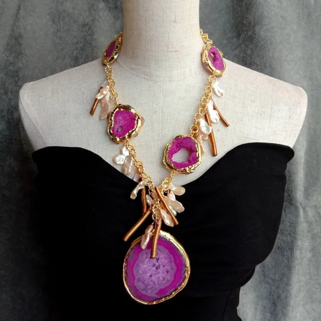 Cultured Pink Keshi Pearl  Agate Slice Druzy beads Chain Necklace Agate Pendant