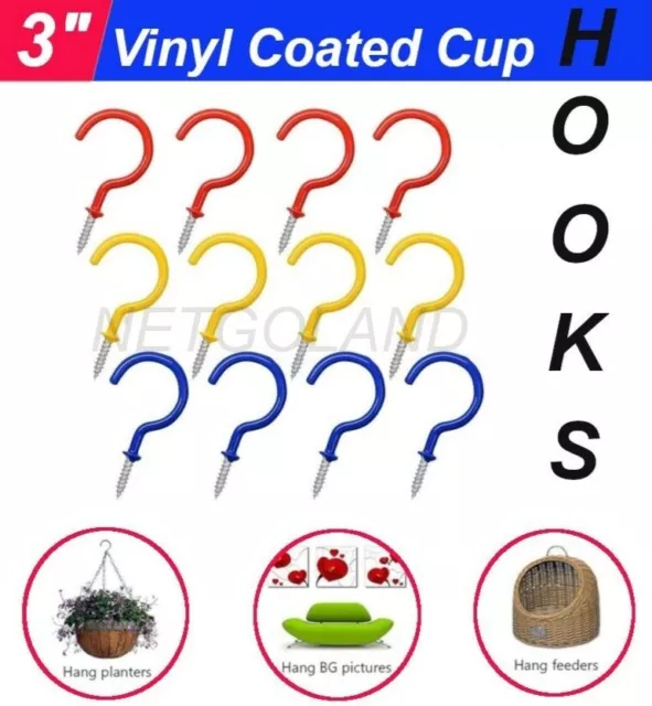 12Pcs 3" Vinyl Coated Steel Mount Cup Hooks Screw In Hanger Holder Home 3 Colors