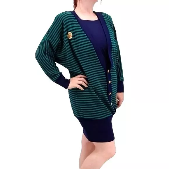 VTG 80s 90s D.S. Ltd Green Blue Striped Dolman Sweater Dress L Nautical Preppy