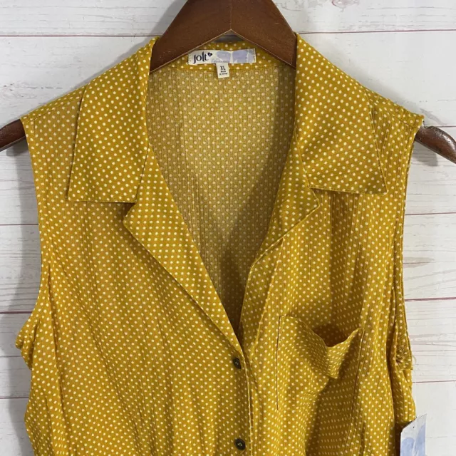 Jolt Polka Dot Sleeveless Knot Tie Top Juniors XL Mustard Yellow Button Front 2