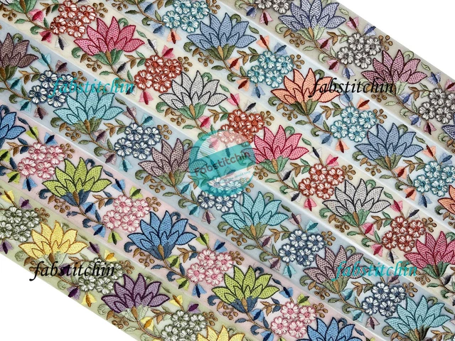 9 Yards Multicolor Floral Embroidery Sari Lehenga Border Lace Trimming Ribbons
