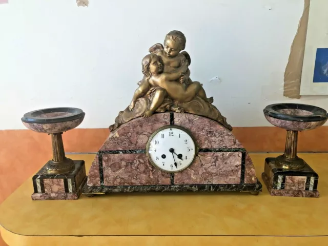 1930 Circa Art Deco French Style 3 Piece Marble And Bronze Mantel Clock Set