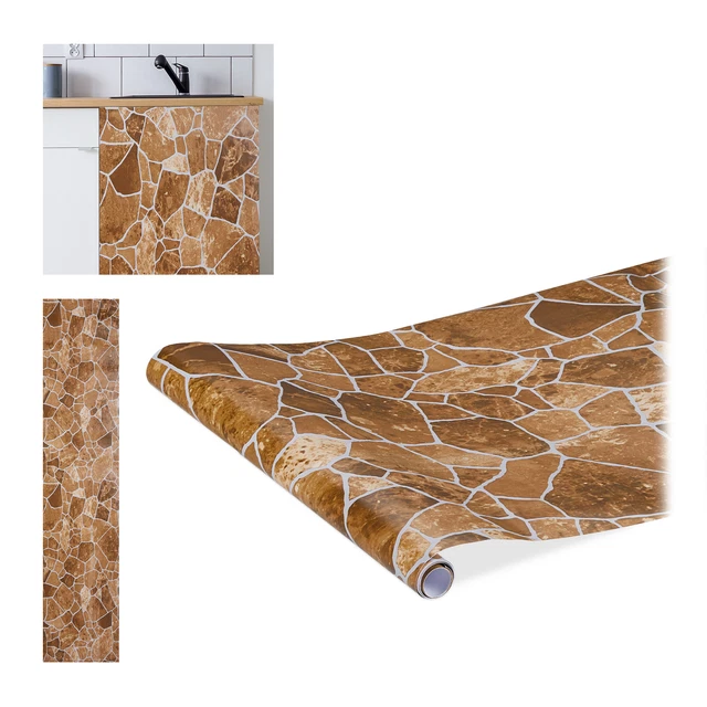 2 x Papel adhesivo muebles, Pegatina paredes, Estampado piedra marrón