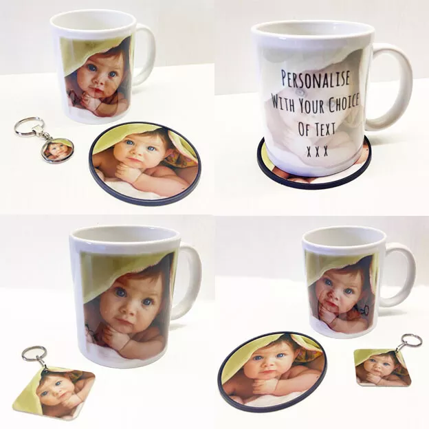 Personalised Mug, Coaster & Keyring Gift Set, Any Image, Cup & Metal Key Chain