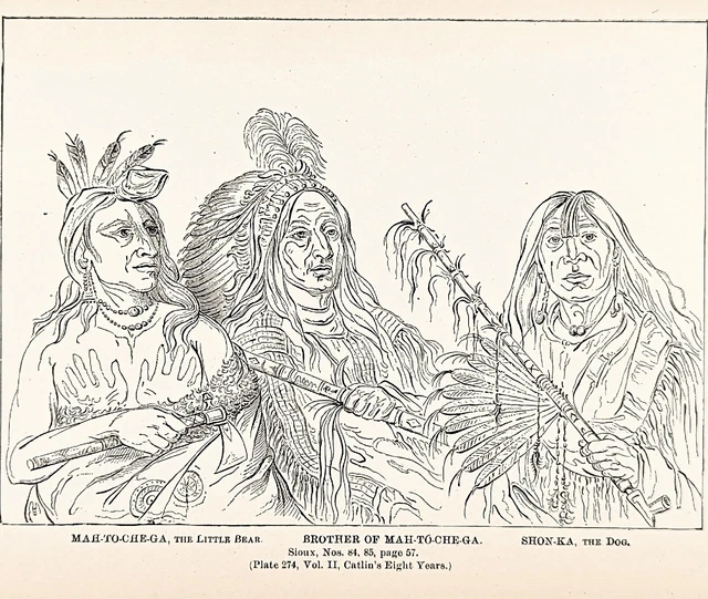 1885 Sioux Indian Portraits Tomahawks Pipes Engraving G. Catlin Native American