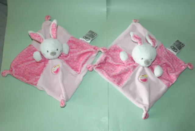 Mots D'enfants 2 Doudou Lapin Plat Rose Blanc Oiseau Pois Excellent Etat