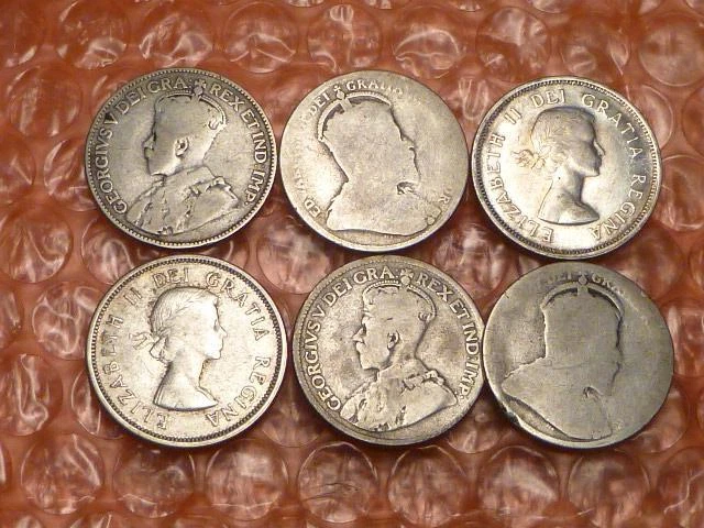 Canada 25 Cents 1961,54,21,20,08,02, Silver 6 Coins Total