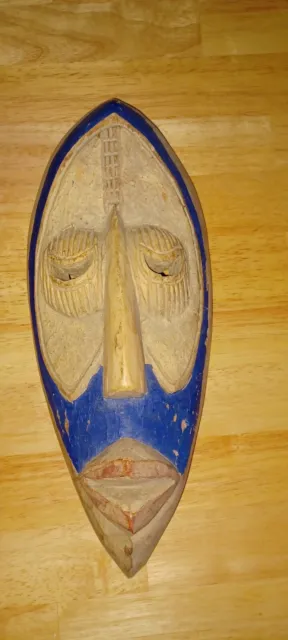 Vintage African Hand Carved Wood Tribal Mask Blue Paint Wall Decor 15"