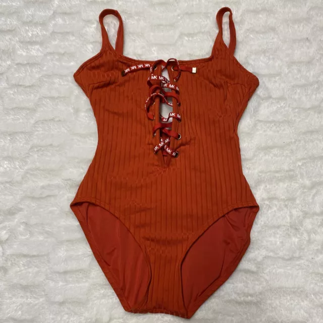 Michael Kors Swimsuit Women's Size 8 Orange Ribbed Textured Lace Up One-Piece