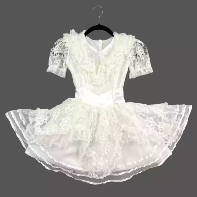 VTG 80s Lace Ruffle Party Dress Girls Sz 9 White Short Puffy Sleeve Circle Kids