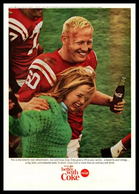1965 Coca Cola Soda Fooball Player & Girlfriend In Sweater Vintage Coke Print Ad