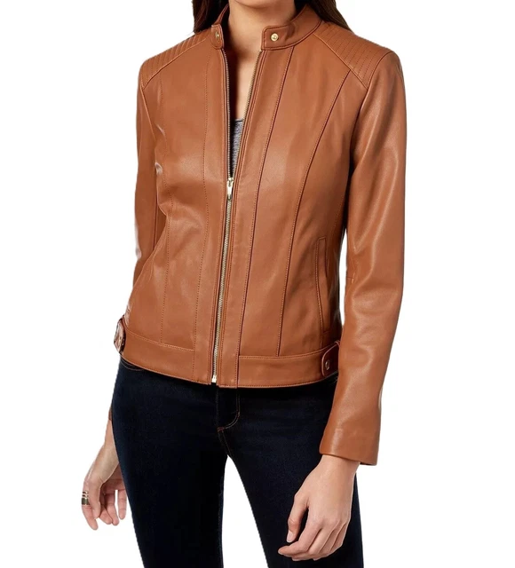 Veste Bomber En Cuir D'Agneau Rouge Authentique Pour Femme - Coupe Slim, Fait Main, Neuf Avec Étiquettes