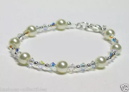 Bridal Wedding made with Swarovski Crystal White Pearl Sterling Silver Bracelet