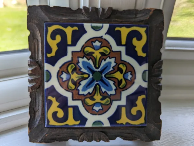 Vintage Wood Framed Dal-Tile Mexico Tile Trivet Hot Plate Blue White Yellow 6X6"