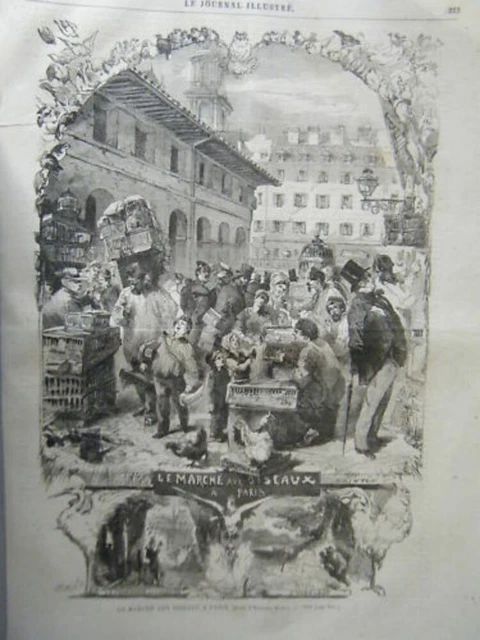 GRAVURE SUR BOIS 19ème le MARCHE AUX OISEAUX A PARIS