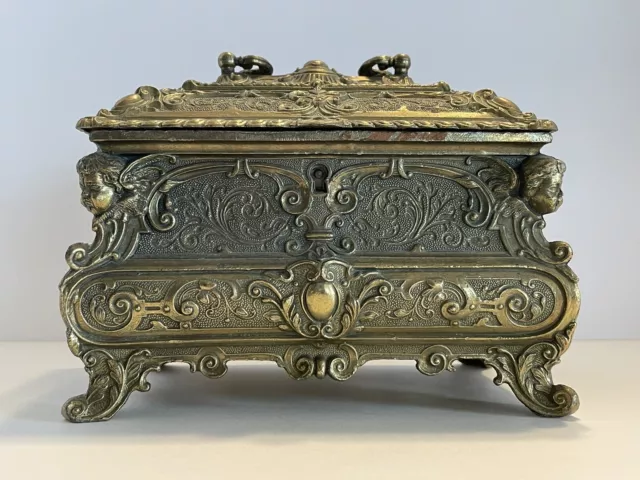19th Century French Louis XV Style Brass Plated Bombe Jewelry Box Repousse w/Key