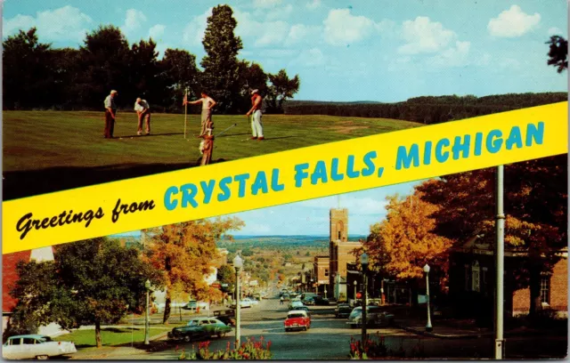 Greetings Crystal Falls MI Downtown Old Cars Golf Country Club 1957 Postcard UNP