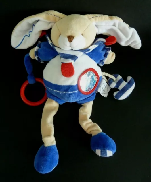 O. Doudou Et Compagnie Lapin Marin Bleu Blanc Rouge Raye Miroir Grelot - Tbe