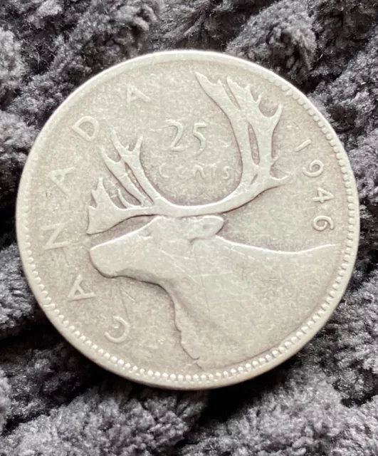 1946 Canada Quarter 25 Cents Coin Silver Caribou George IV Canadian Money