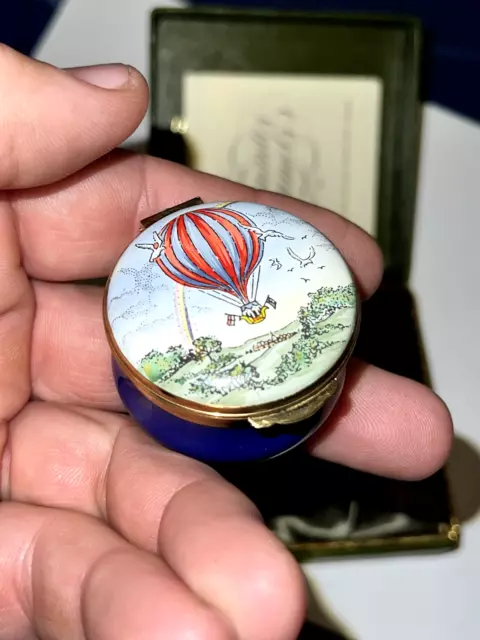 England English Crummles & Co. Enamel Trinket Box w/ Hot Air Balloon Decoration