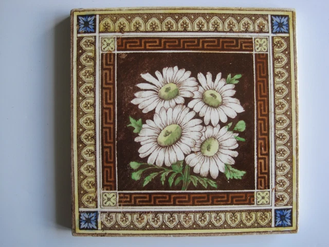 Antique Victorian Floral Print & Tint  Glazed Tile - Lea & Boulton - C1896-1902