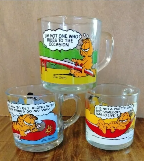 Set of 3 Vintage 1978 Garfield McDonald’s Clear Glass Coffee Mug Cup Jim Davis