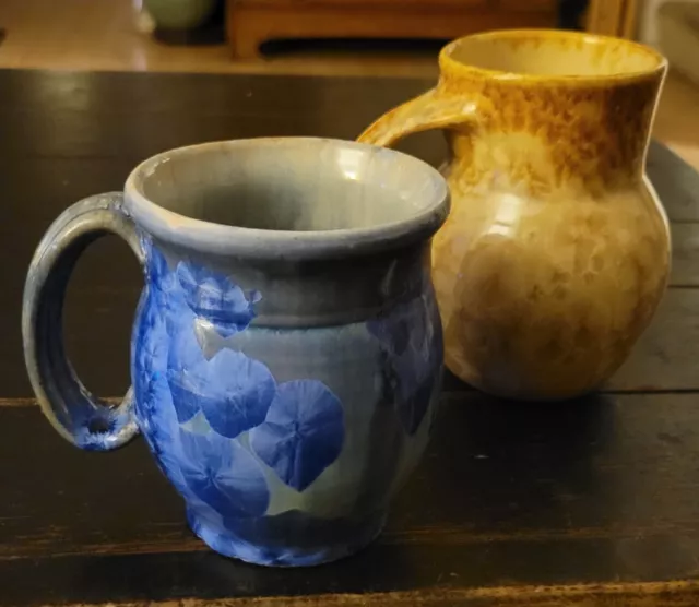 Crystalline Glaze Coffee Mugs, Set Of 2, Studio Pottery, Signed