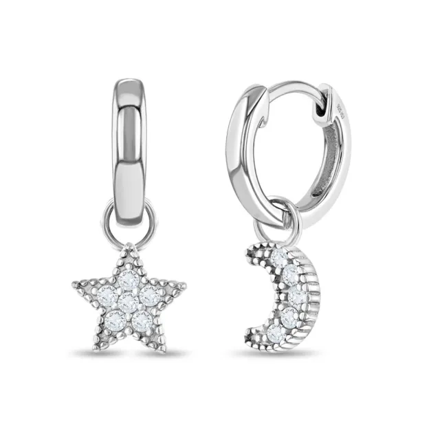Star & Moon Dangle 9mm Kids / Children's / Girls Earrings Hoop - Sterling Silver