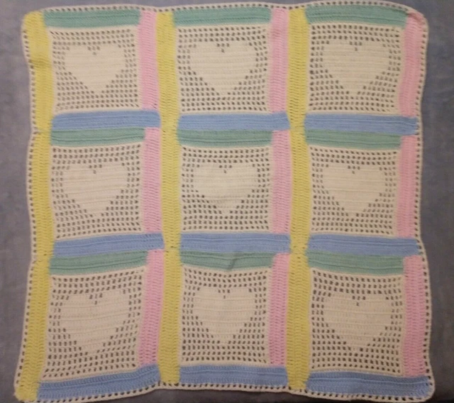 Handmade Baby Blanket Crochet Afghan Gift Cream Heart w/ Pink Blue Yellow Green