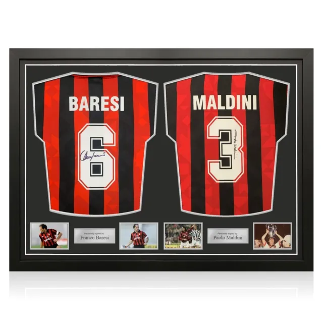 Paolo Maldini And Franco Baresi Signed 1994 AC Milan Shirts. Dual Framed