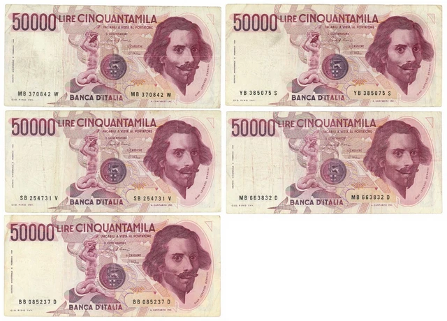 50000 LIRE LOT 5 BANKNOTES LORENZO BERNINI I TYPE LETTER B 28/10/1985 qBB