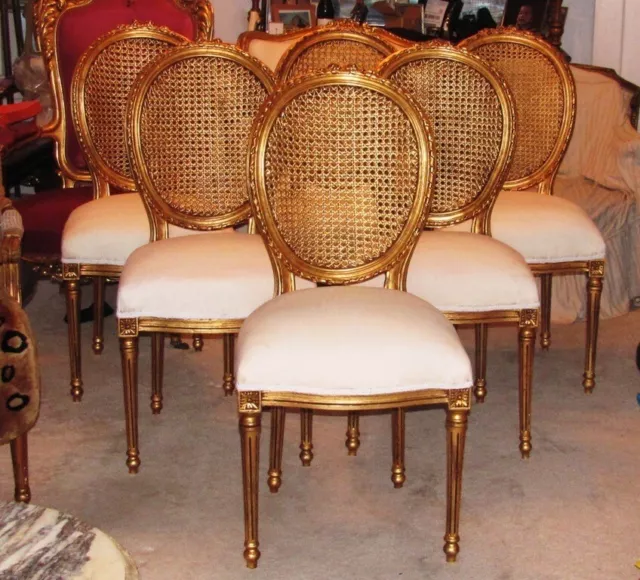 6 Gilded Louis XVI Vintage Cane Dining Chairs