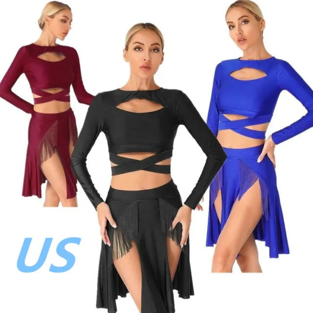 US Womens 2 Piece Latin Dance Outfit Cutout Crop Top with Split Tassel Skirt