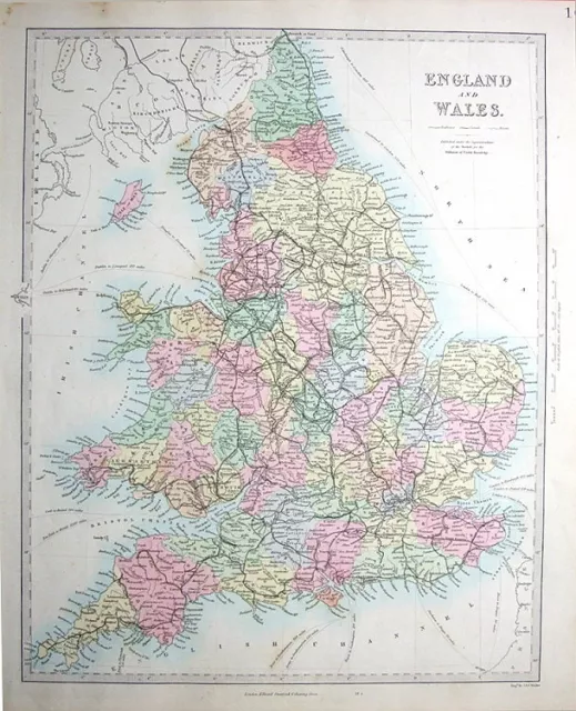 ENGLAND & WALES RAILWAYS,  SDUK Hand Coloured Antique Map 1857