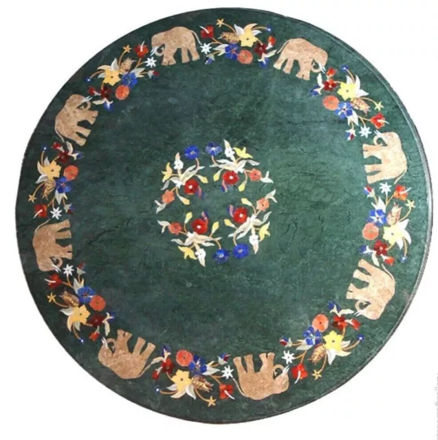 green marble Table Top round Inlay Pietra Dura Art Coffee Dining center 18"