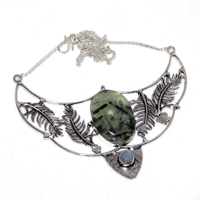 Moss Prehnite Rainbow Moonstone Necklace 19" Fashionable Jewelry GW