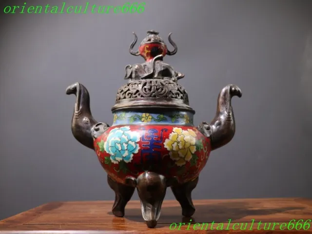 9"China Ancient bronze cloisonne elephant flowers pattern Incense burner Censer