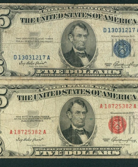 ((TWO NOTES)) $5 1953 Silver Certificate/United States DAILY CURRENCY AUCTION