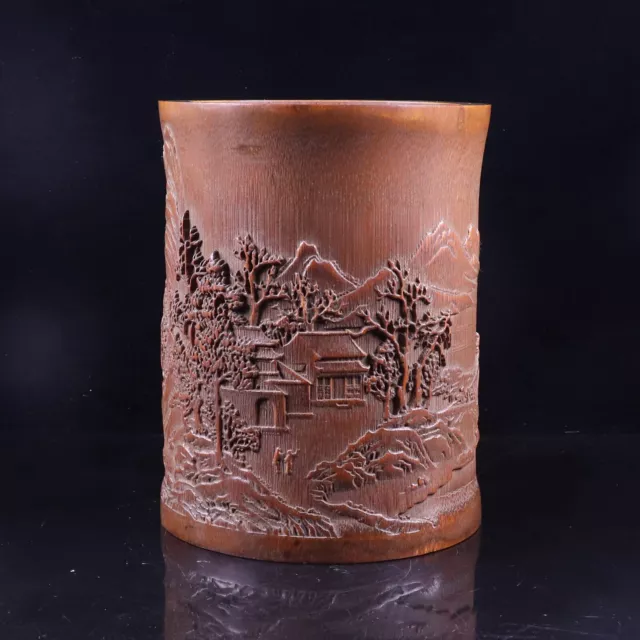 Collection Chinese Natural Bamboo Hand-carved Landscape Figure Brush Pot AC1846