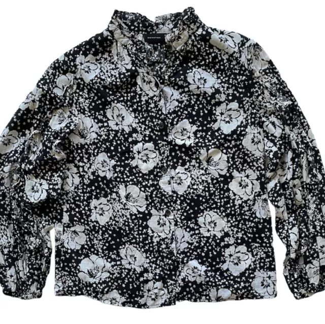 WHO WHAT WEAR Womens Small Shirt Blouse Button Up Floral Black White Long Sleeve
