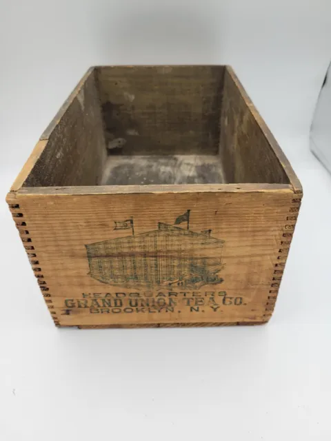Antique Wooden Grand Union Tea Co. Vanilla Crate Dovetailed Brooklyn Detroit