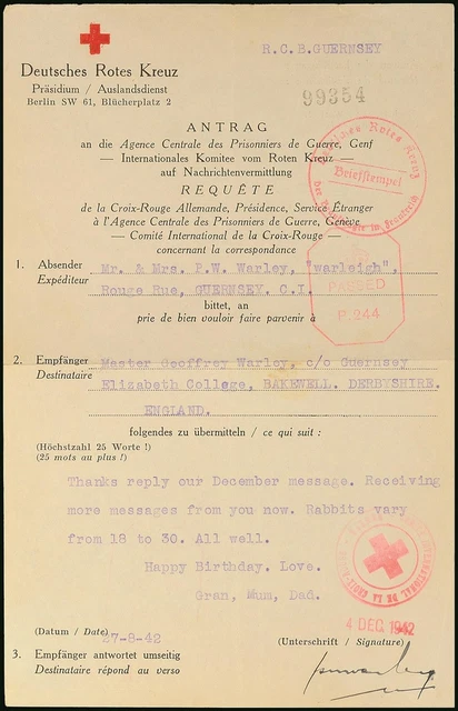 12103) Rotkreuz-Nachrichten Brief 27.8.42 Guernsey nach England Antwort 14.2.43