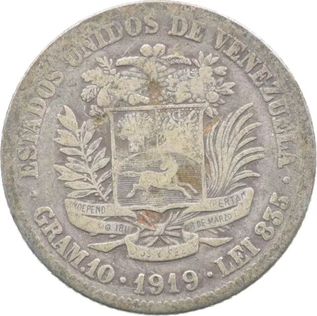 SILVER - WORLD COIN - 1919 Venezuela 2 Bolivares - World Silver Coin *952